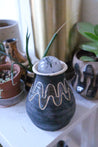 Wavy 60s Ceramic Flower Vase With Black Tourmaline in Quartz Sphere Stopper